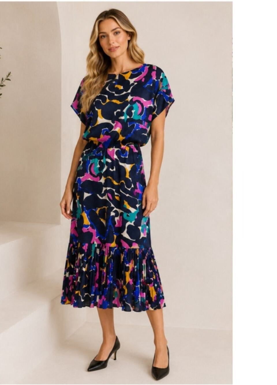 Vtg Flora Kung 100% Silk Abstract Print Midi Dress Size 12 Colorful